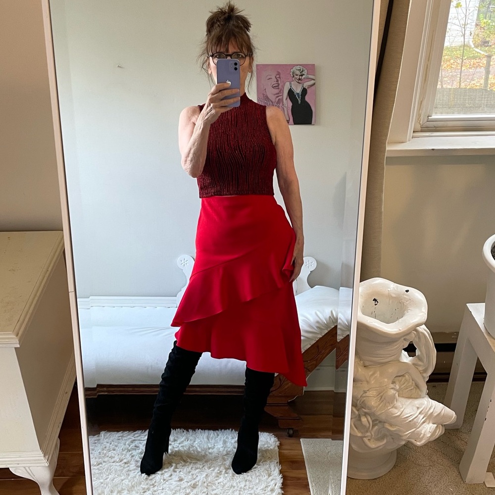 VINTAGE LIPSTICK RED ASYMMETRIC SKIRT FLOUNCED ZIPPER HIGH HIDDEN WAIST